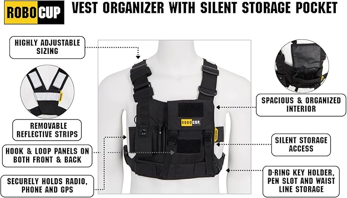 ROBOCUP Radio Chest Harness Vest - Adjustable Utility Organizer with Silent Buckle Closure - Full-Size Ham Radio Pouch, Secure Fit, Work Gear with D-Ring, Reflective Safety Stripes, Hook & Loop Patch
