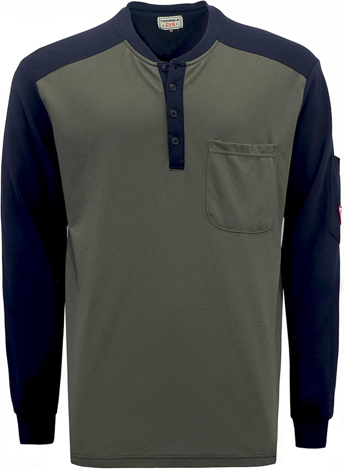 TICOMELA FR T Shirt Flame Resistant Shirt 5.5oz 100% Cotton Light Weight Workwear Men's Long Sleeve Henley Shirts
