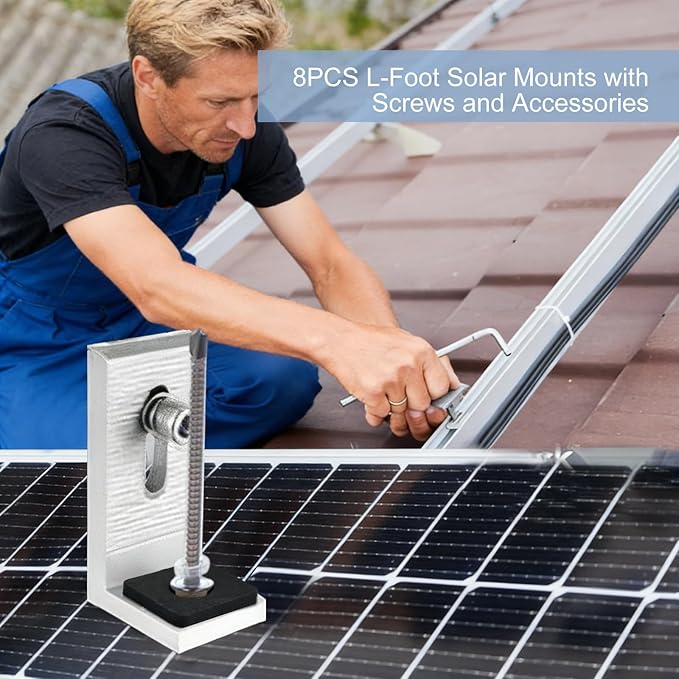 8PCS L-Foot Solar Mounts with Screws and Accessories, Heavy-Duty Aluminum Alloy Photovoltaic Panel Mounting Bracket, Photovoltaic Mount, Waterproof Solar Panel Bracket for Roof PV System