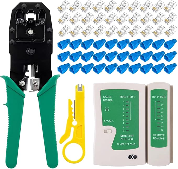Professional RJ45 Crimp Tool Kit Complete Cat5 Cat5e Cat6 Ethernet Crimper Set with Cable Tester, 30 Connectors & Covers