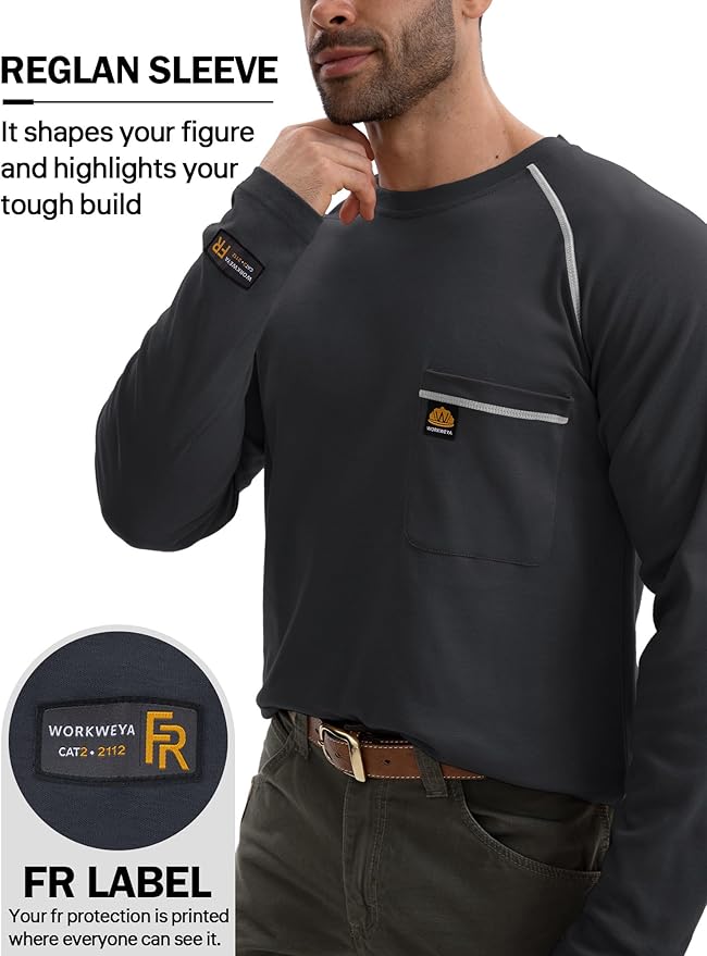 WORKWEYA FR Shirts Flame Resistant Shirt 6.5oz Men's NFPA 2112/CAT2 Long Sleeve Shirt