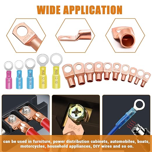 mankk 180PCS Copper Wire Lugs AWG 2 4 6 8 10 12 14 16 Gauge Battery Terminal Connectors Battery Cable Ends Connectors Copper Ring Terminal Kit with Heat Shrink