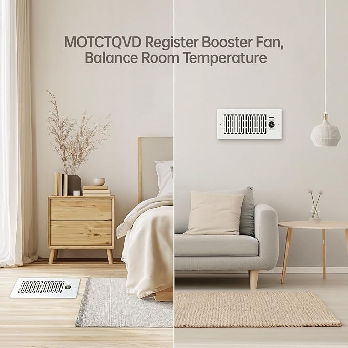 Register Vent Booster Fan for 4” x 10” Register Holes, Register Booster Fan with Remote Control & Thermostat Control, Improves Heating & Cooling Vents, Quiet 10-Speeds, Pure White