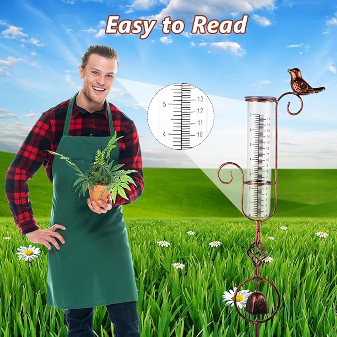 Rain Gauge Outdoor, Hummingbird Rain Gauge, 7 Inch Tube Decorative Rain Measure Gauge, Metal Rain Measure Tool with Bell for Garden, Lawn, Patio