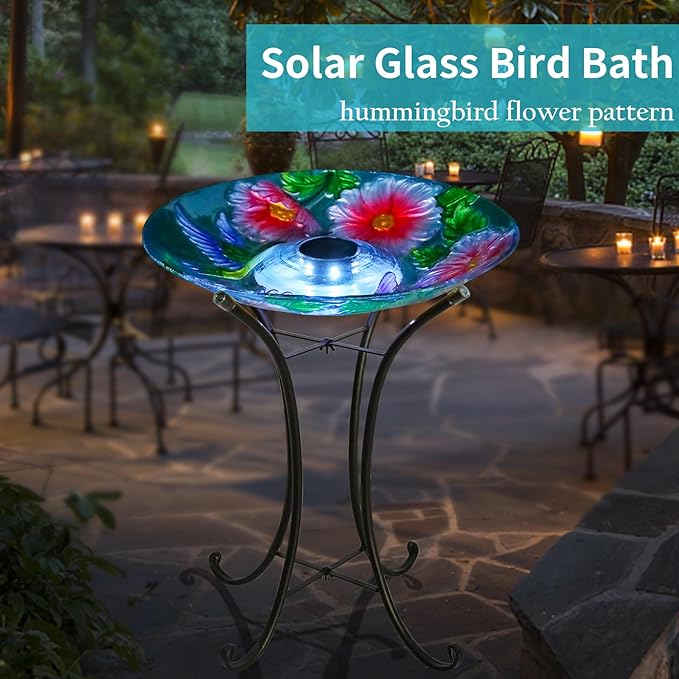 VCUTEKA Solar Birdbath Glass Bird Bath Outdoor with Metal Stand for Lawn Yard Garden Decor, Hummingbird
