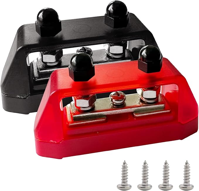 Ampper 1/4" Power Distribution Block Bus Bar 12V 150A, Dual Studs M6 Busbar Battery Junction Post Distribution Block with 1 x M4 Screw Terminal (Red and Black)