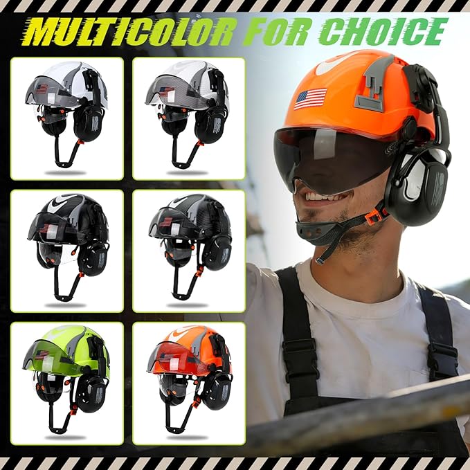 Hard Hat with Dual Visor and Hearing Protection-OSHA Approved Construction Hard Hats with Visor Sunglasses Earmuffs for Men,Vented Forestry Chainsaw Arborist Helmet with Chin Straps