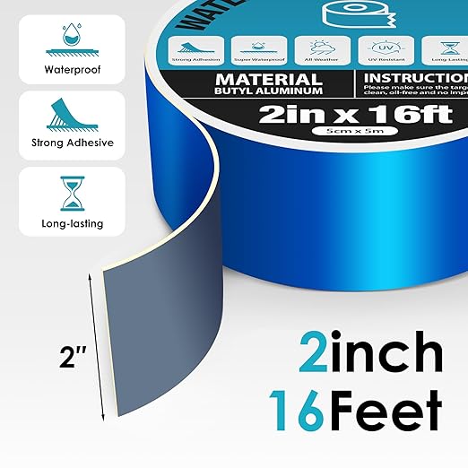 Blue Waterproof Tape 2in x 16ft, Super Sticky Outdoor Repair Butyl Tape for Pool Cover, Metal Roof Crack Sealing, Boat, RV Awning, Leak Proof Patch