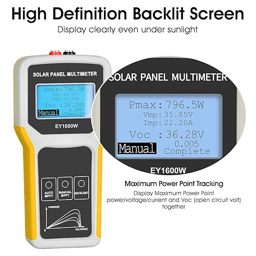 Solar Panel MPPT Tester 1600W, Portable Photovoltaic Multimeter Tracking Max Power Point Watt Volt Current, Open Circuit Voltage, Ultra Clear Backlit LCD Display, MC4 Connector Alligator Clip Included