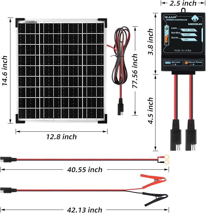MEGSUN Solar Panel Kit 20W 12V Waterproof Solar Battery Trickle Charger Maintainer + Upgraded 12A Intelligent Charge Controller + Adjustable Mount Bracket for Car, Motorcycle, Boat, Marine, RV