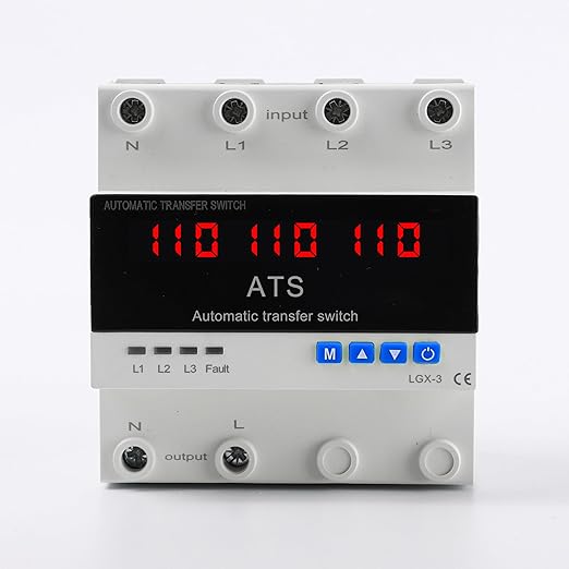 4P Automatic Transfer Switch with LCD Display, 63A Triple Power ATS with 3 Digital Displays for Input Real-Time Volrage Monitoring, Automatic Changeover for Utility/Generator/Solar