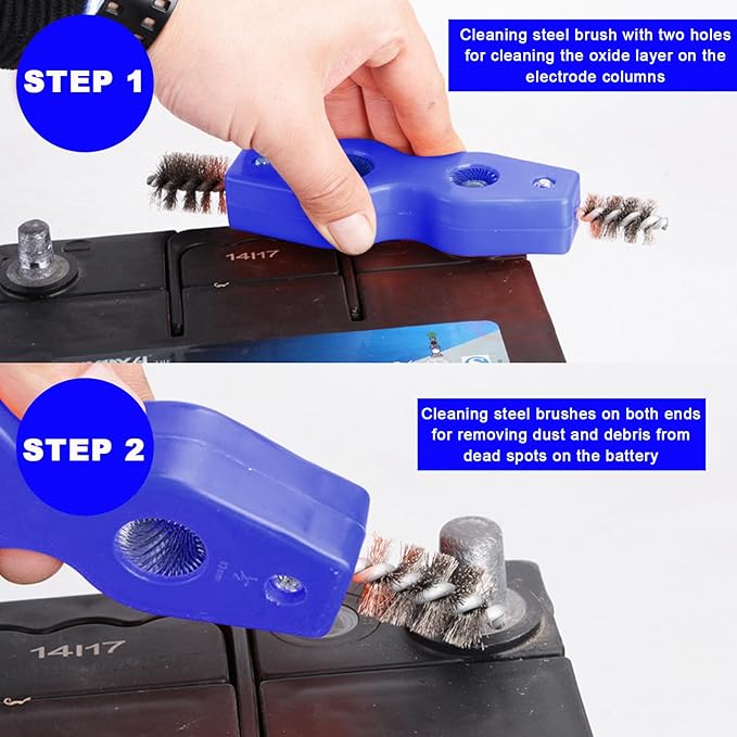 Battery Terminal Cleaning Brush, 4 in 1 Anti-Corrosion Car Battery Cleaner, Vehicle Battery Terminals Machine Parts Cleaning Tool for Auto Marine, Universal Car Accessories (Blue-1PCS)