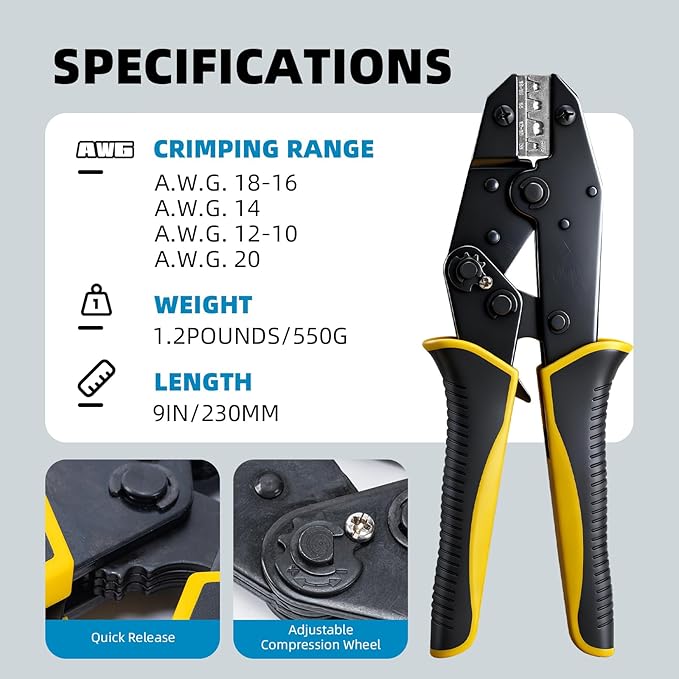 STEELITE Crimping Tool with Quick Release for Non-Insulated Open Barrel Terminals AWG 20-10 Ratchet Wire Terminal Crimper for Electronic