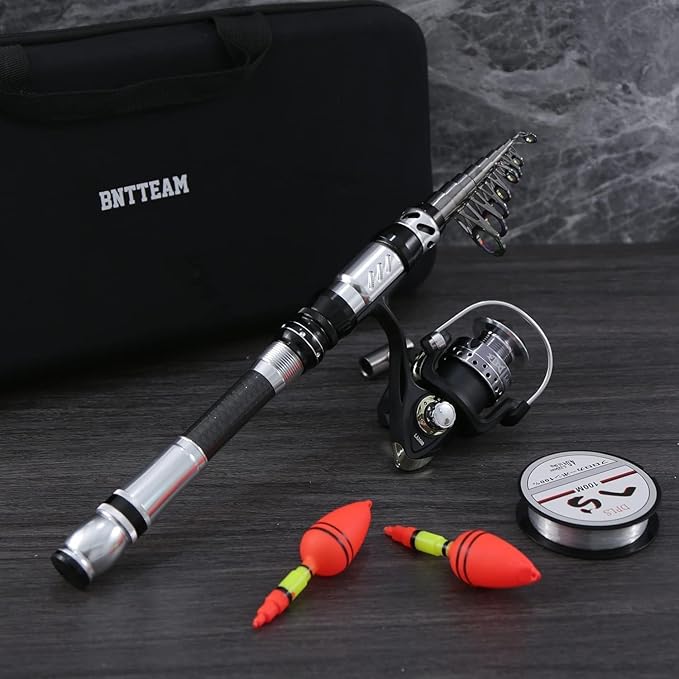 Portable Fishing Spinning Rod and Reel Combo Set Carbon Fiber Fluorescent Rod Tip, with Fishing Lures Line Carrier Bag Kits for Travel Surf Saltwater Freshwater