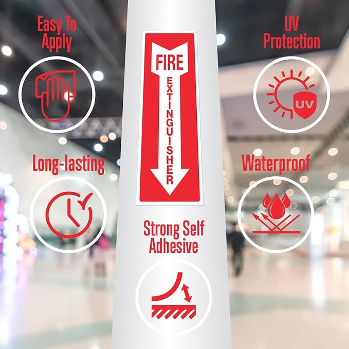 Fire Extinguisher Sticker Pack of 12 – 4 Mil Vinyl Fire Extinguisher Tags – Weatherproof Self-Adhesive Safety Signs for Workplace Firefighter Stickers – Ultra Bright Red and Whie Colors