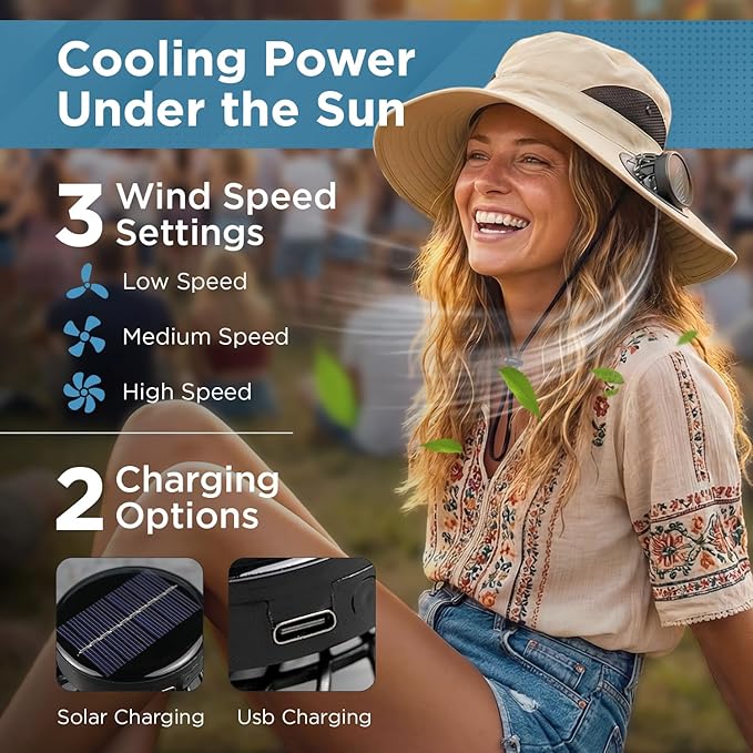 Solar Fan Hat with 2 Removable Fans, Wide Brim Sun Hat USB & Solar Powered for Outdoor Fishing, Camping, Hiking, Gardening, UPF 50+ Sun Protection, Desert Sand