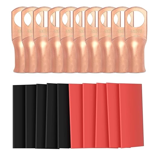 Sanuke 10pcs 4 Gauge - 3/8 (M10) Wire Connectors, 4 AWG Ring Terminal, Marine Battery Cable Ends, Heavy Duty Copper Lugs with 3:1 Dual Wall Adhesive Heat Shrink Tubing(UL Listed)