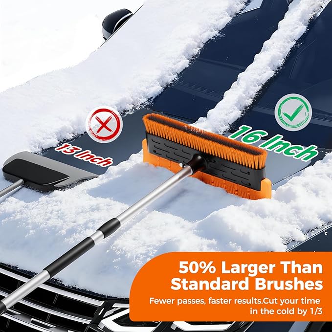 16" Large Snow Brush for Car Windshield,Non-Scratch Snow Scraper,55" Extendable Snow Broom with Foam Grip,Snow Remover for Cars, Truck, SUV (Orange, Large)