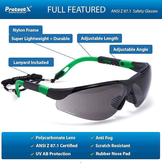 ProtectX Classic Safety Glasses, Anti-Fog Scratch Resistant Lenses, Protective Eyewear for Work, Indoor/Outdoor, ANSI Z87.1