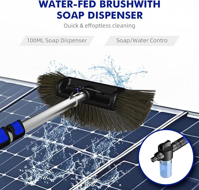 20FT Solar Panel Cleaning Brush and Pole, Cleaning Kit with 5-20FT Telescopic Pole, Accompanied by an Extension Pole and Soap Dispenser, Ideal for Snow Removal, Windows, Boats, RVs, Decks