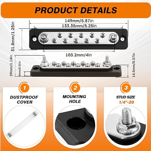 Common Busbar Power Distribution Block Battery Terminal Block for Car & Marine Applications 1/4" M6 150A with Dustproof Cover & Screw CBB (10 Poles)