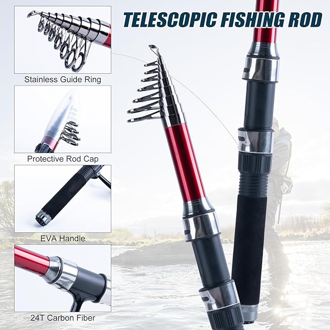 Goture Fishing Rod and Reel Combos-2PCS Telescopic Fishing Pole+2PCS Pre-Loaded Spinning Reels with Carrier Bag,1.8M-2.7M Telescopic Rod Reel Kit for Starter Travel Saltwater Freshwater,Gifts for Men