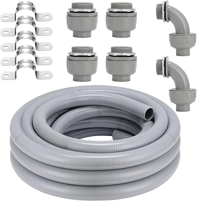 Liquid-Tight Conduit Connector Kit,Flexible Non Metallic Liquid Tight Electrical Conduit Kit,Waterproof Outdoor Electrical Conduit Pipe,Straight/Angle Fittings,Clamps (1-1/2 in x 25 ft)