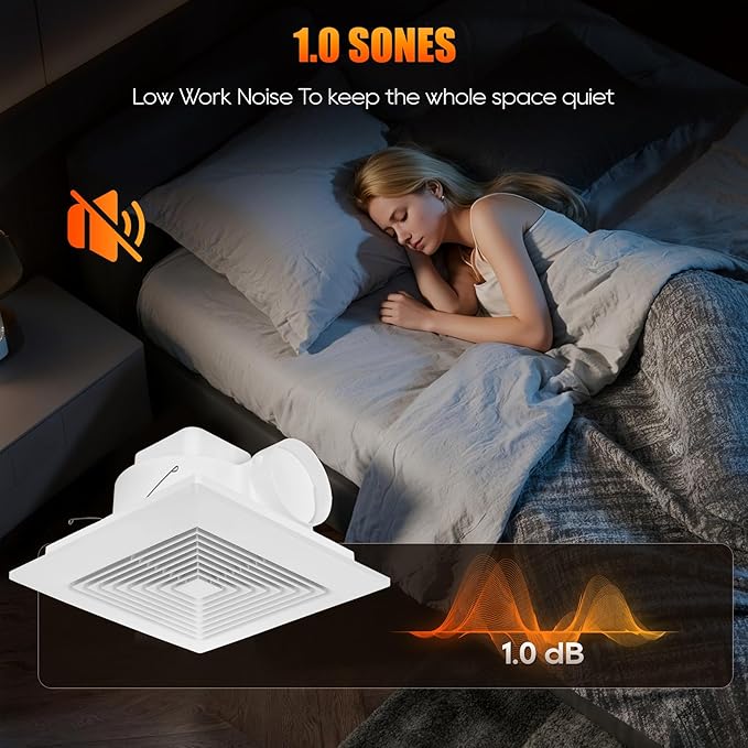 Bathroom Exhaust Fan 12" Panel Ultra Quiet without Light（10x10 Mount）, 1.0 Sone 130CFM, 4" Duct for Bathroom/Garage/Home
