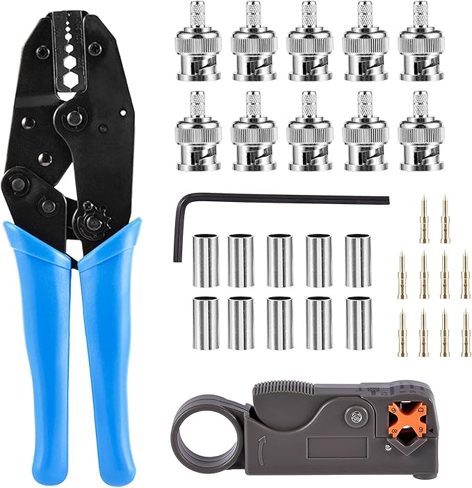 1Set BNC Crimp Tool, Rotary Coaxial Cable Stripper for RG58 with 10pcs BNC Plug Crimp Connector Set