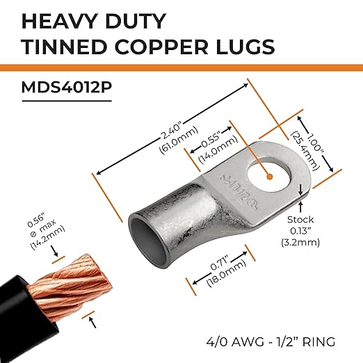 SELTERM 10pcs 4/0 AWG 1/2" Stud Tinned Copper Wire Lugs, Ring Terminals, Battery Cable Ends, 0000 Gauge Ring Terminal Connectors, UL Marine Grade Electrical Terminals