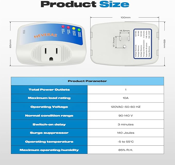 Refrigerator Surge Protector, Malictele Single Outlet Voltage Protector Home Appliances 120V 10A Voltage Brownouts Plug Outlet for Fridge TV Air Conditioners Surge Protector -1 Pack