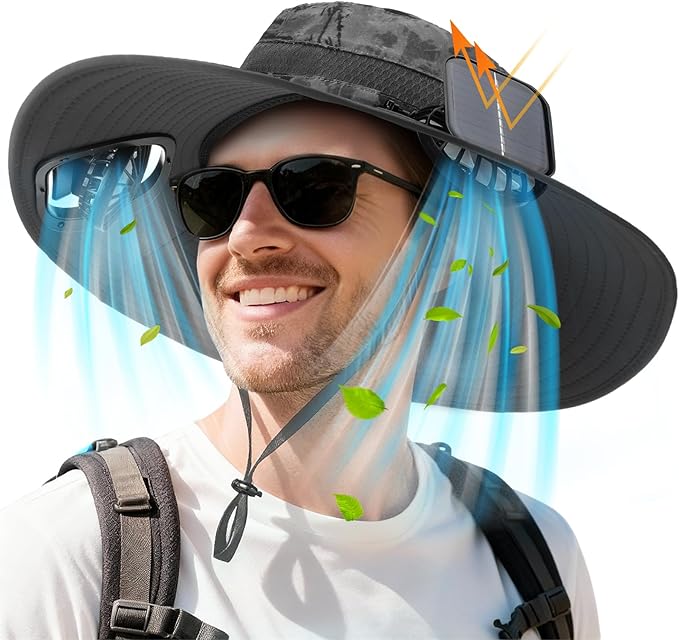 Berlune Men Sun Hat with 2 Solar Fans Wide Brim Outdoor Fishing Hat USB & Solar Powered for Sun Protection Camping Hiking