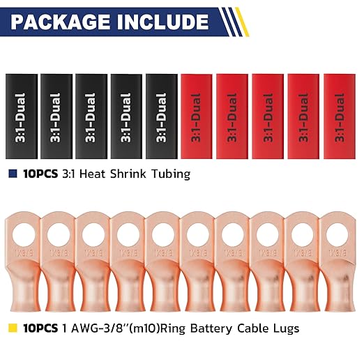 haisstronica 10pcs 1 AWG - 3/8" (M10) Battery Cable Lugs, Heavy Duty Copper Wire Lugs with 10pcs 3:1 Adhesive Heat Shrink Tubing, 1 Gauge Wire Connectors Battery Terminal Connector, Battery Cable Ends