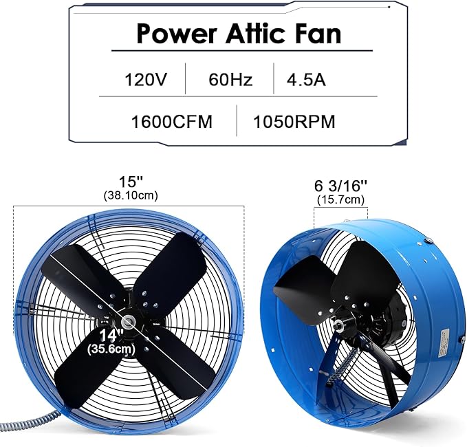 Hiorucet Upgraded 15 Inch Gable Vent Exhaust Fan, 1600CFM 2400 SQF High Performance Low Noise Gable Mount Attic Fan with Adjustable Thermostat, 14 Inch Blade and Permanently Lubricated Motor, Blue.