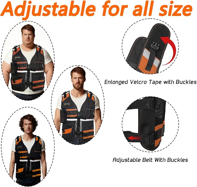 Electrician Tool Vest for Men, Reflective Safety Work Vest with Adjustable Thick Straps, Removable Phone Holder for Electrical, Carpenters, Construction, 22 Pockets
