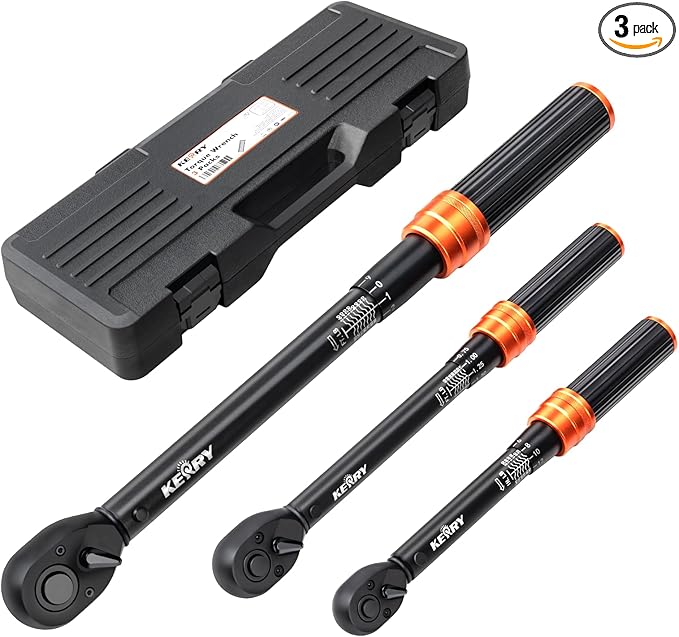 Kerry 1/4 3/8 1/2-Inch 3PCS Drive Click Torque Wrench Set, 3% Accuracy 20-240 in.Lb, 5-45 ft.Lb, 20-160 ft.Lb Dual-Scales Precision Tool, 72 Tooth Dual-Direction Calibrated Torque Tool for Bike, Car