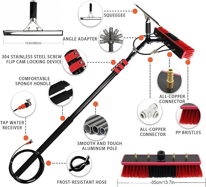 Solar Panel Cleaning Brush and Pole, Water Fed Pole Kit Adjustable Solar Panel Cleaning Kit Cleaner Tool for Window Glass Roof Outdoor Glass Brush Window Washing Equipment(30FT/9M)