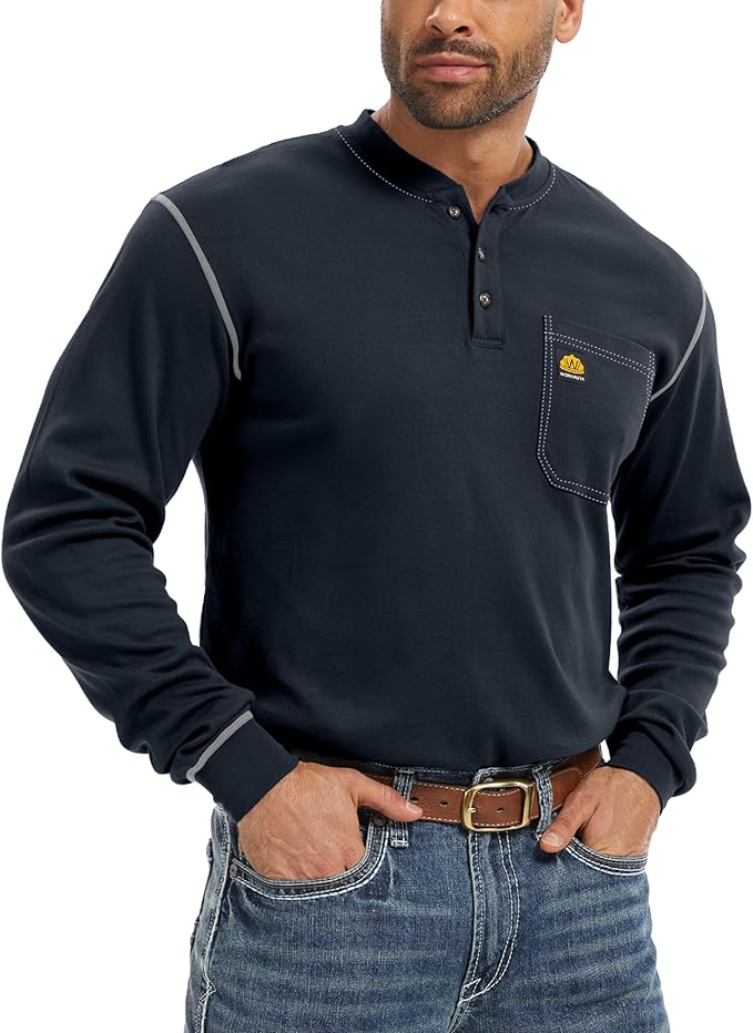 WORKWEYA FR Shirts for Men 6.5 oz Flame Resistant Long Sleeve Henley Shirt NFPA 2112/CAT2