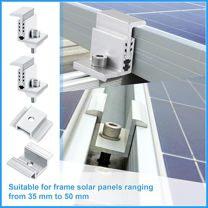 Zhengmy 1.06 Inch Solar Panel Bracket Aluminum Solar Mid Clam with Mounting Brackets 32-50 mm Clamps Adjustable End Panel Clamps(28 Pieces)