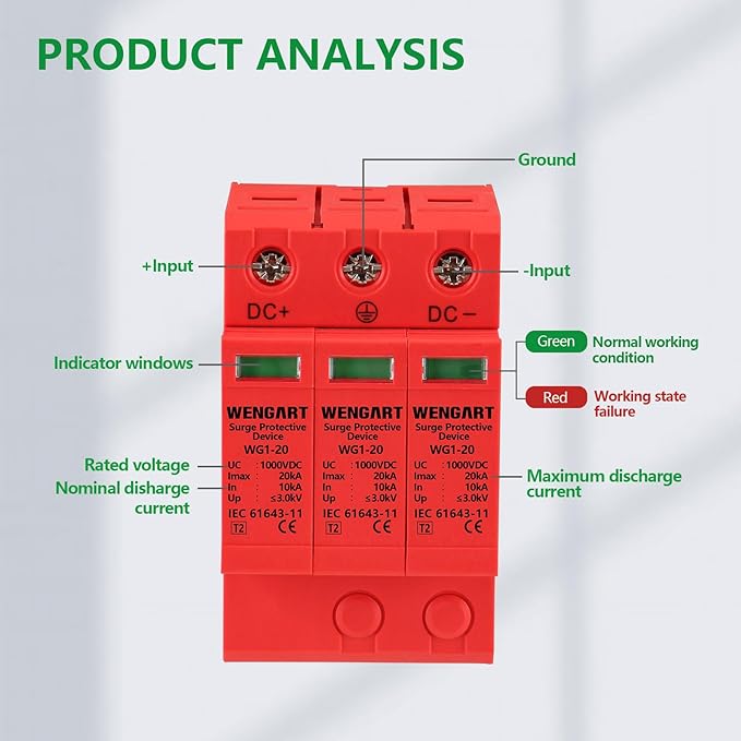 DC 1000V Surge Protective Device (SPD), 3-Pole 20kA Solar PV Lightning Arrester, Photovoltaic Surge Suppressor, DIN Rail Mount, Replaceable Modular Design, Red