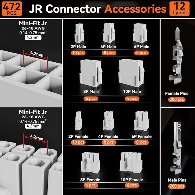 Preciva Mini-Fit Jr Kit Crimping Tool, with 12 Types 2-10 Pin Molex 4.2mm Connector, AWG 28-16 Terminals Terminals Crimping Pliers Compatible Dupont, Molex, KF2510