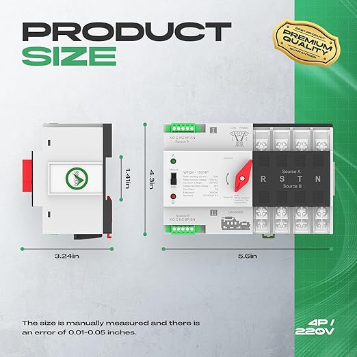 Automatic Transfer Switch 100A AC 220V, Dual Power ATS 4P Automatic/Manual Transfer Switch din Rail mounting for Home Generator, RV，Public/Backup Power Supply