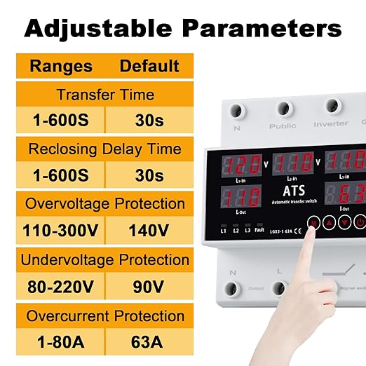 Automatic Transfer Switch,Automatic Switching Between Utility Power、Generator and Inverter,Overcurrent Protection,Overvoltage and undervoltage Protection,63A