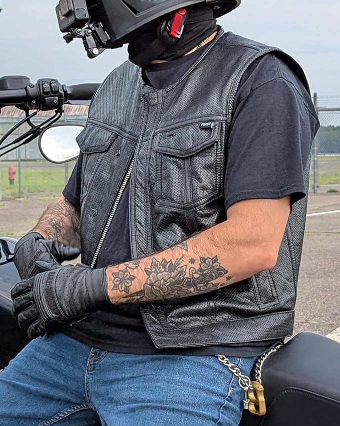 First Mfg Co - Lowside - Mens Motorcycle Biker Riding Canvas, Leather, Twill, Perforated Leather Vest
