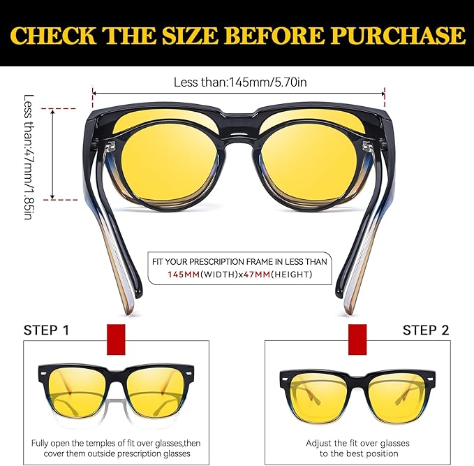 TJUTR Fit-Over Night Vision Driving Glasses for Men Women, Anti-Glare Polarized UV400 Yellow Lenses for Nighttime Safety