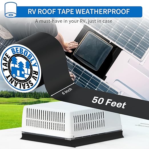 Butyl Sealant Tape Waterproof,RV Roof Tape Black,6 Inch X 50 Foot Leak Repair Sealant Tape，UV & Waterproof for RV Roof,Window,Camper, Boat,Pipe Sealing Black