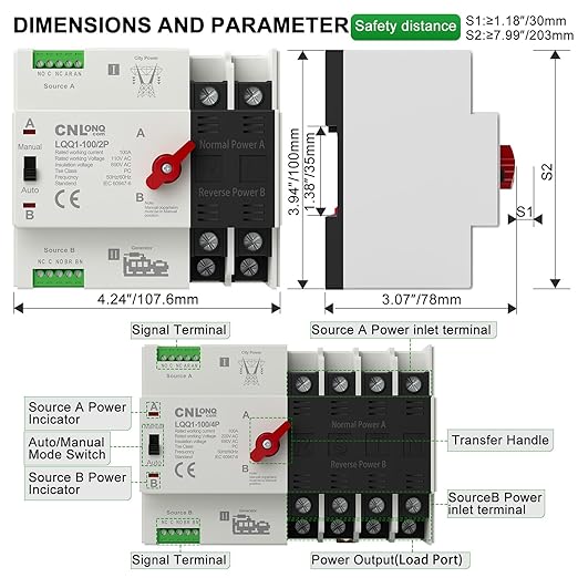 AC110V 100Amp Automatic/Manual Transfer Switch 2P 50/60Hz, 2Poles Mini ATS Auto Dual Power Switch Automatic Changeover Fast Transfer for Home Generator, Soalr, Rv and Lv Power