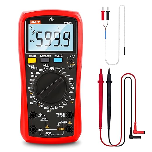 UNI-T Multimeter Kit UT890C True RMS 6000Counts Volt Meter Ohmmeter, Ac Dc Voltage Current Amp Capacitance Meter Temperature hFE Diode Continuity Test NCV for Automotive HVAC