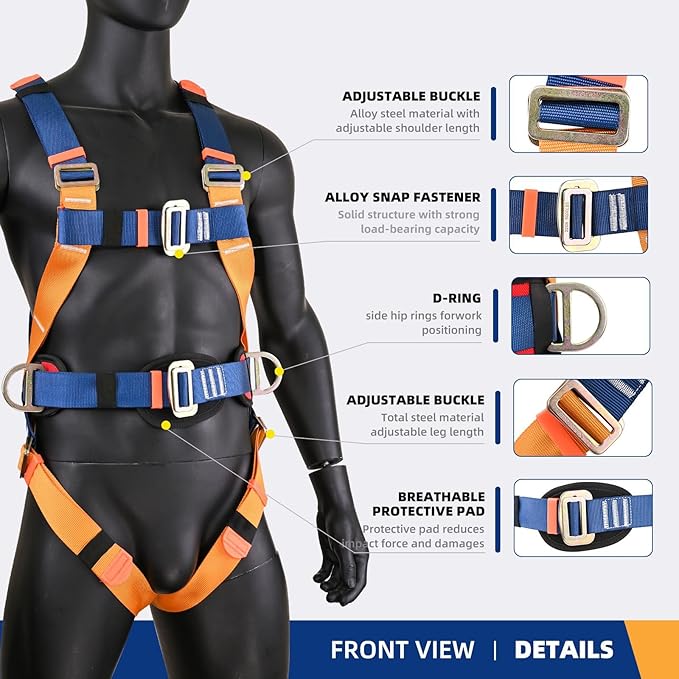 Safety Harness Fall Protection Kit,Full Body Roof Harness for Construction,Heavy-Duty Harness with Safety Rope