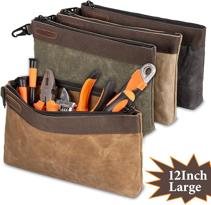 Waxed Canvas Tool Pouches 4 Pack – 11-Inch Heavy-Duty Zipper Tool Bags Set, Waterproof Utility Storage Pouches for Tools, Cables, Gear & Supplies – Rugged Tool Organizer Bags